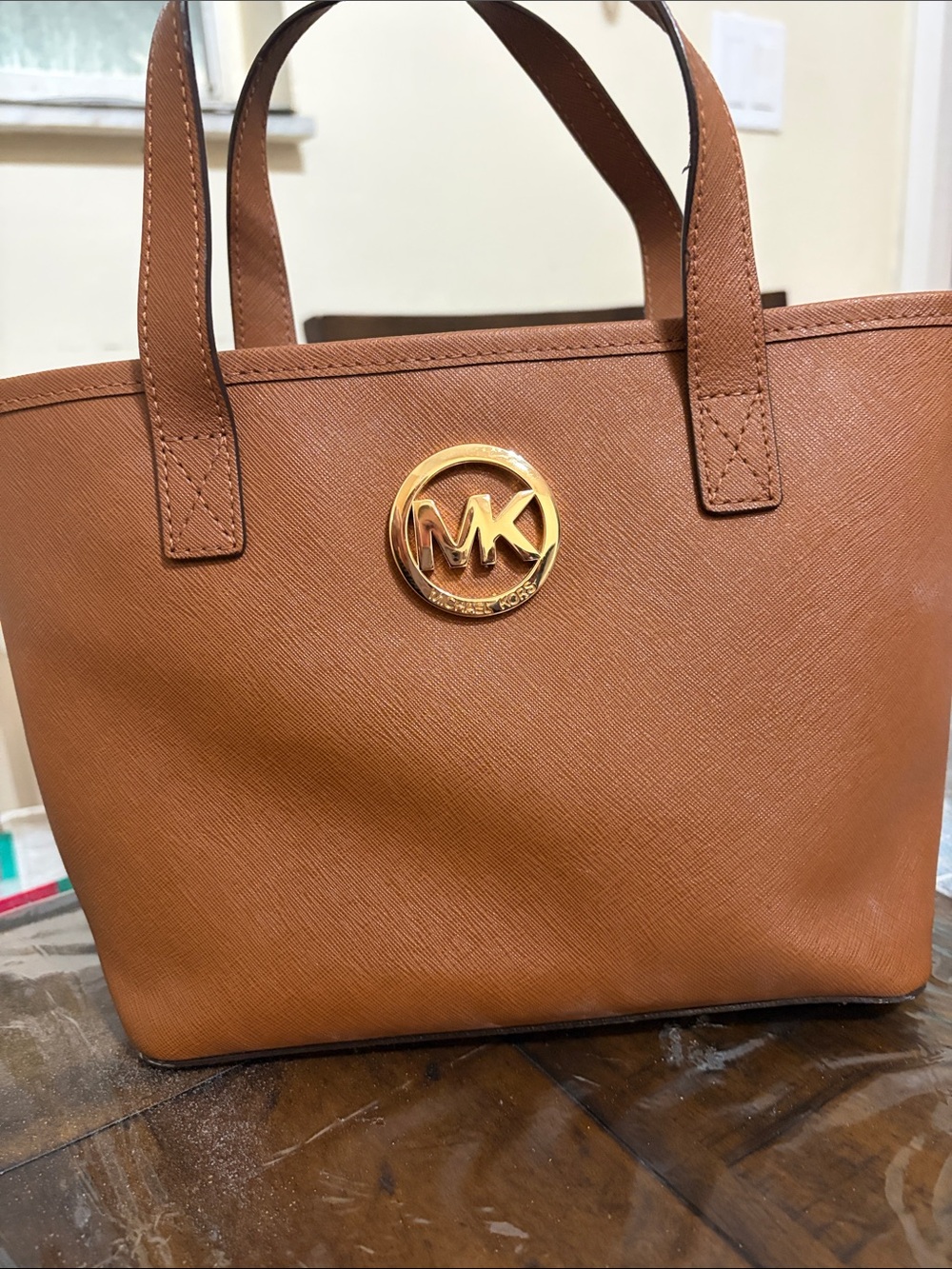 Michael Kors Brown Leather Saffiano Tote with Gold MK Emblem